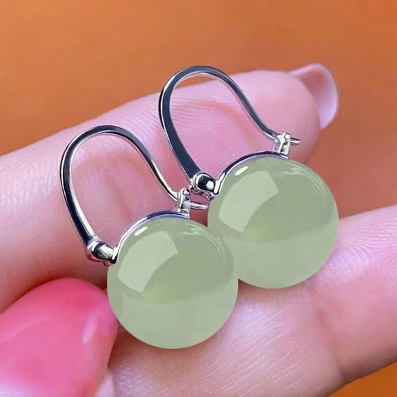 Round Green Jade Ball Drop Earrings Silver Secure Clasp Classic Stylish Fashion - Picture 4 of 7